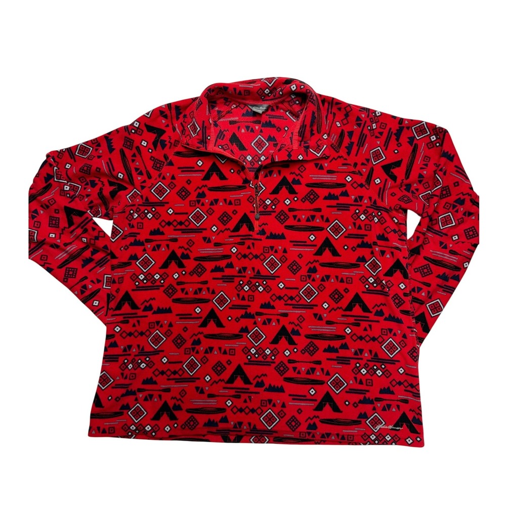 Eddie Bauer Womens 2XL Red Camping Print Quarter Zip Fleece Pullover Sweater